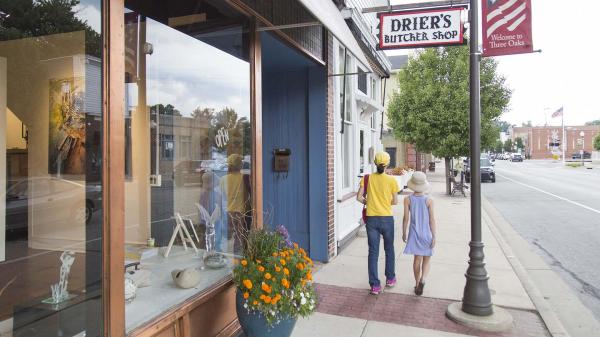 Two people walking near Drier