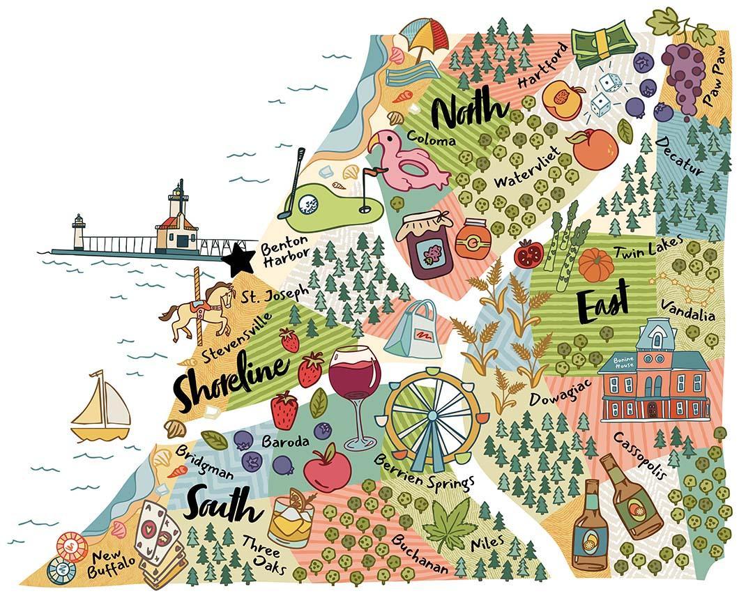 A colorful illustrated map highlighting key attractions and town names, designed to give a feel for the area rather than provide literal directions of Southwest Michigan