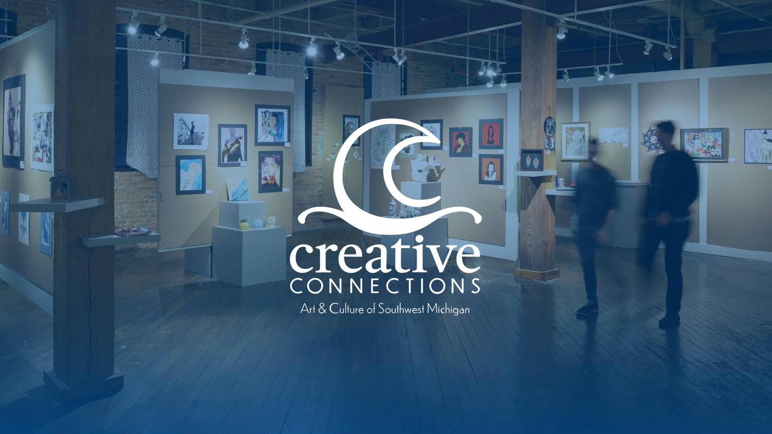 Two people walking through an art gallery, with a blue overlay and the Creative Connections logo centered on the image