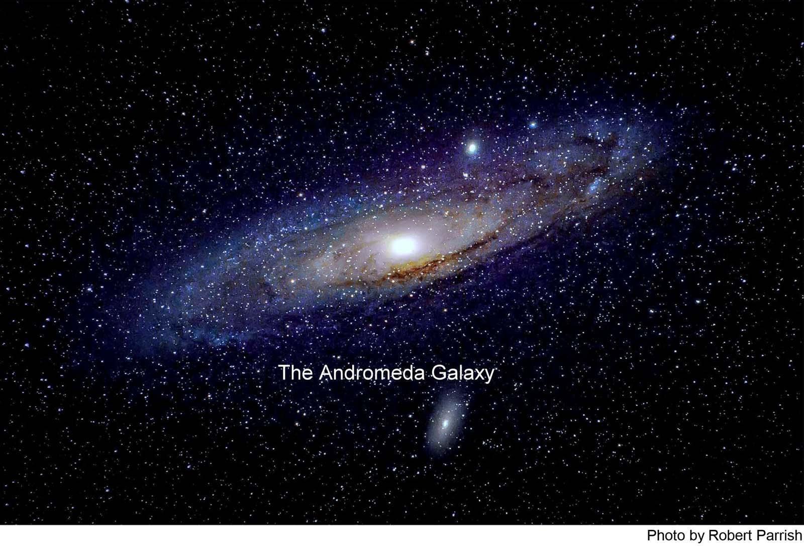 An image of the Andromeda Galaxy, showing its spiral structure against a star-filled background, with the text 