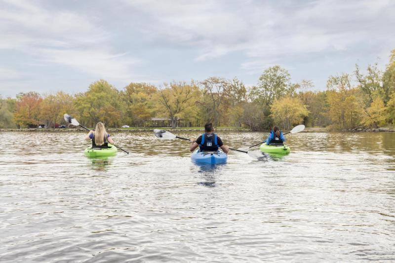 A group of kayakers in the river during the fall