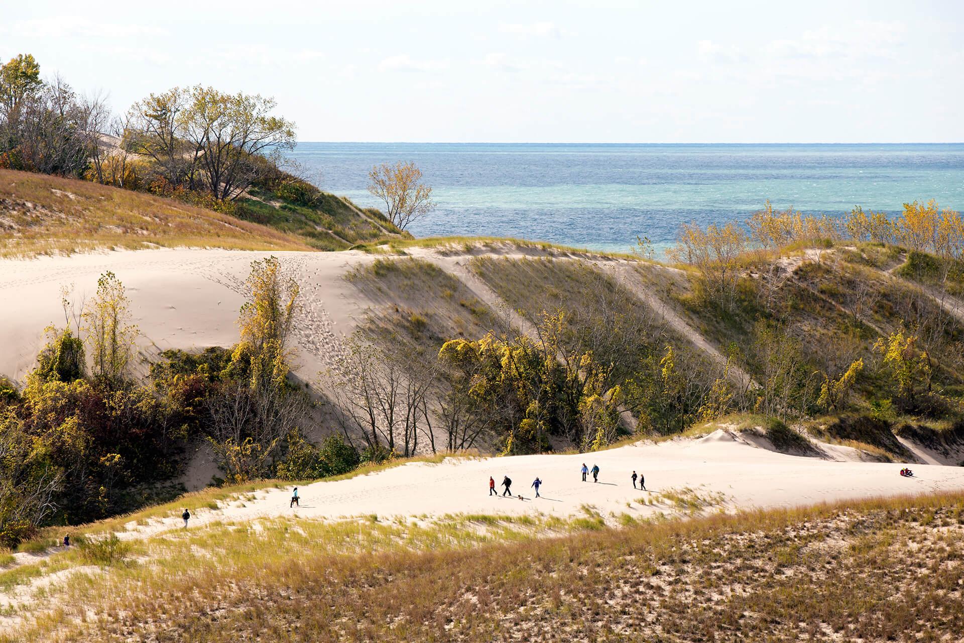 A group of people hiking Warren Dunes in the fall, Lake Michigan in the background.