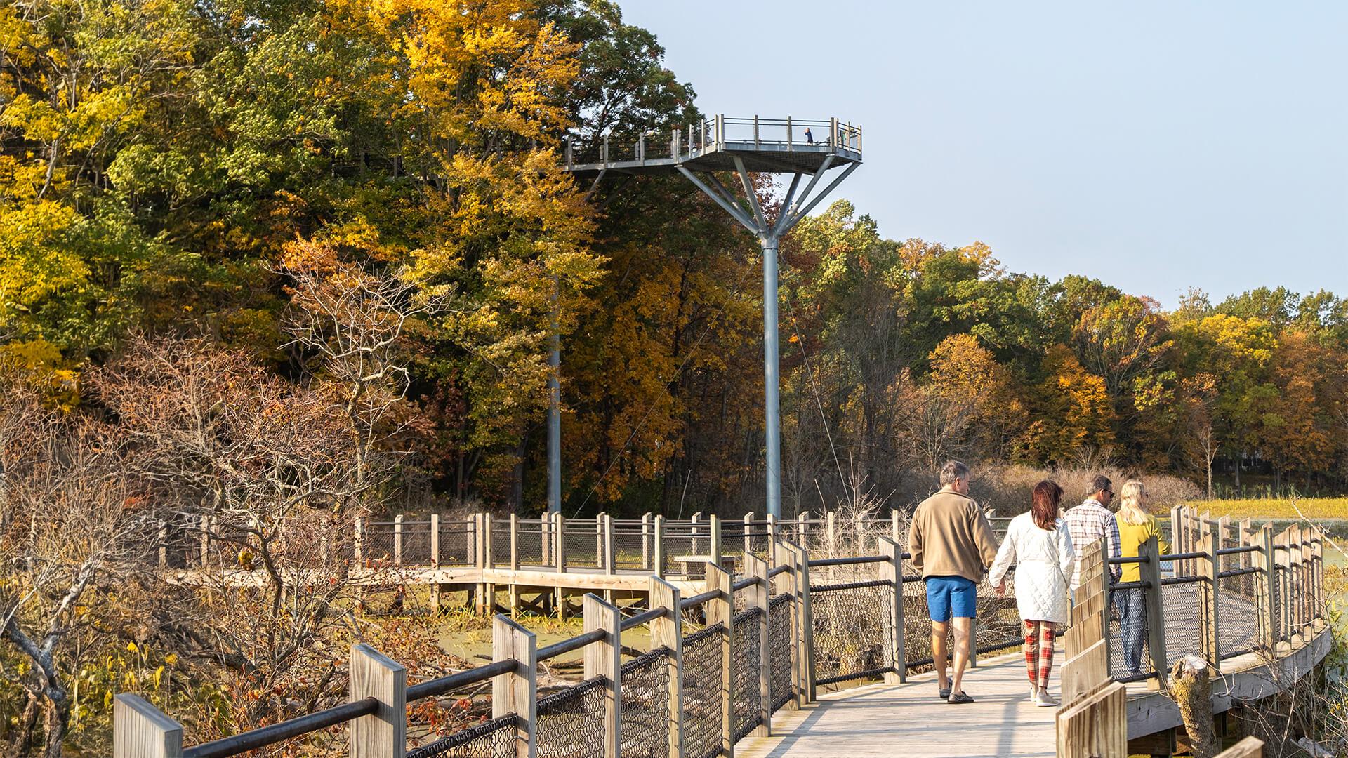 A couple walks on a wooden boardwalk across Galien River towards a tall observation platform surrounded by autumn trees with colorful foliage under a clear blue sky.