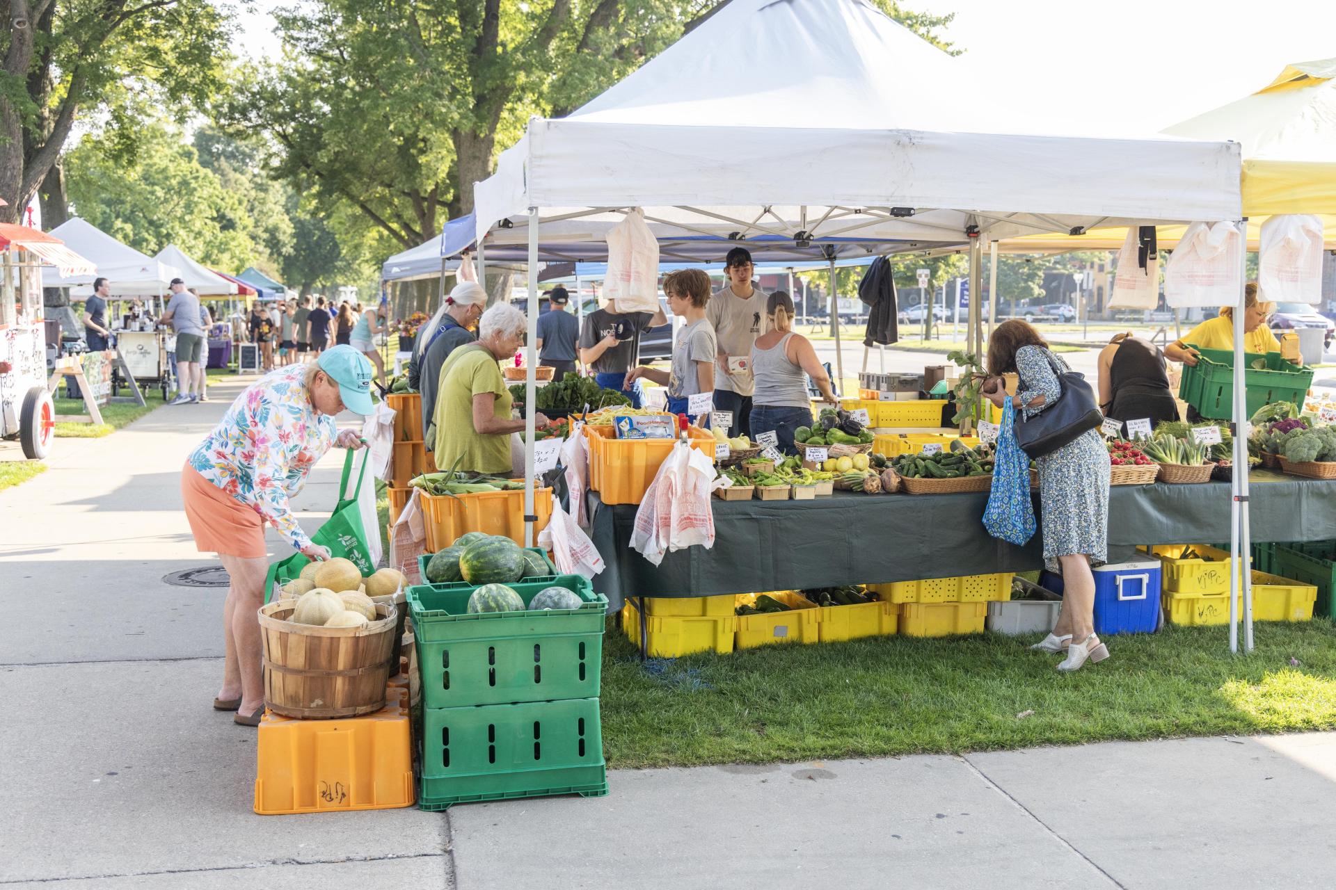 Women shopping at a vendor tent on the bluff at the St. Joe Farmers Market