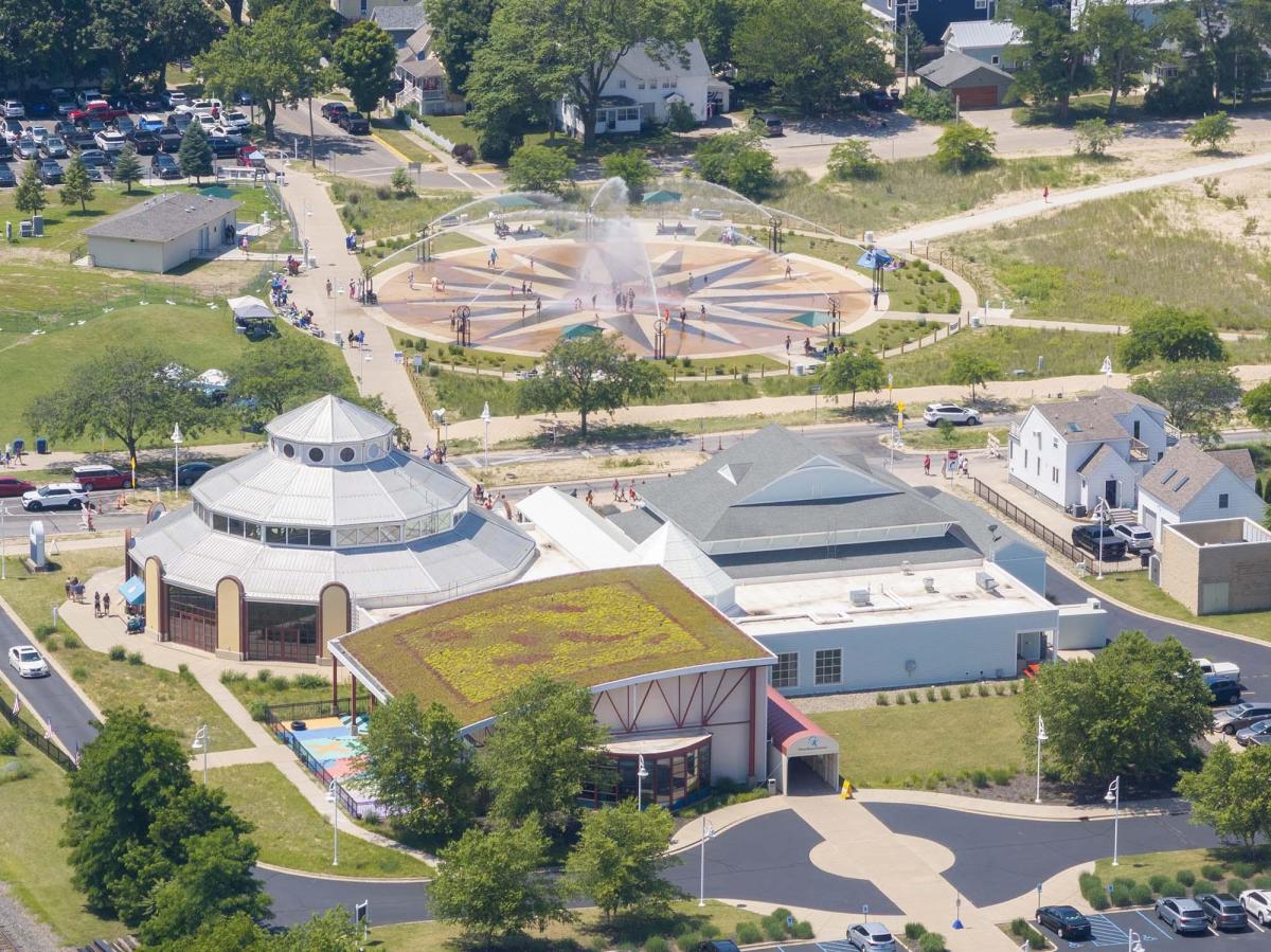 An aerial view of Silver Beach Center.