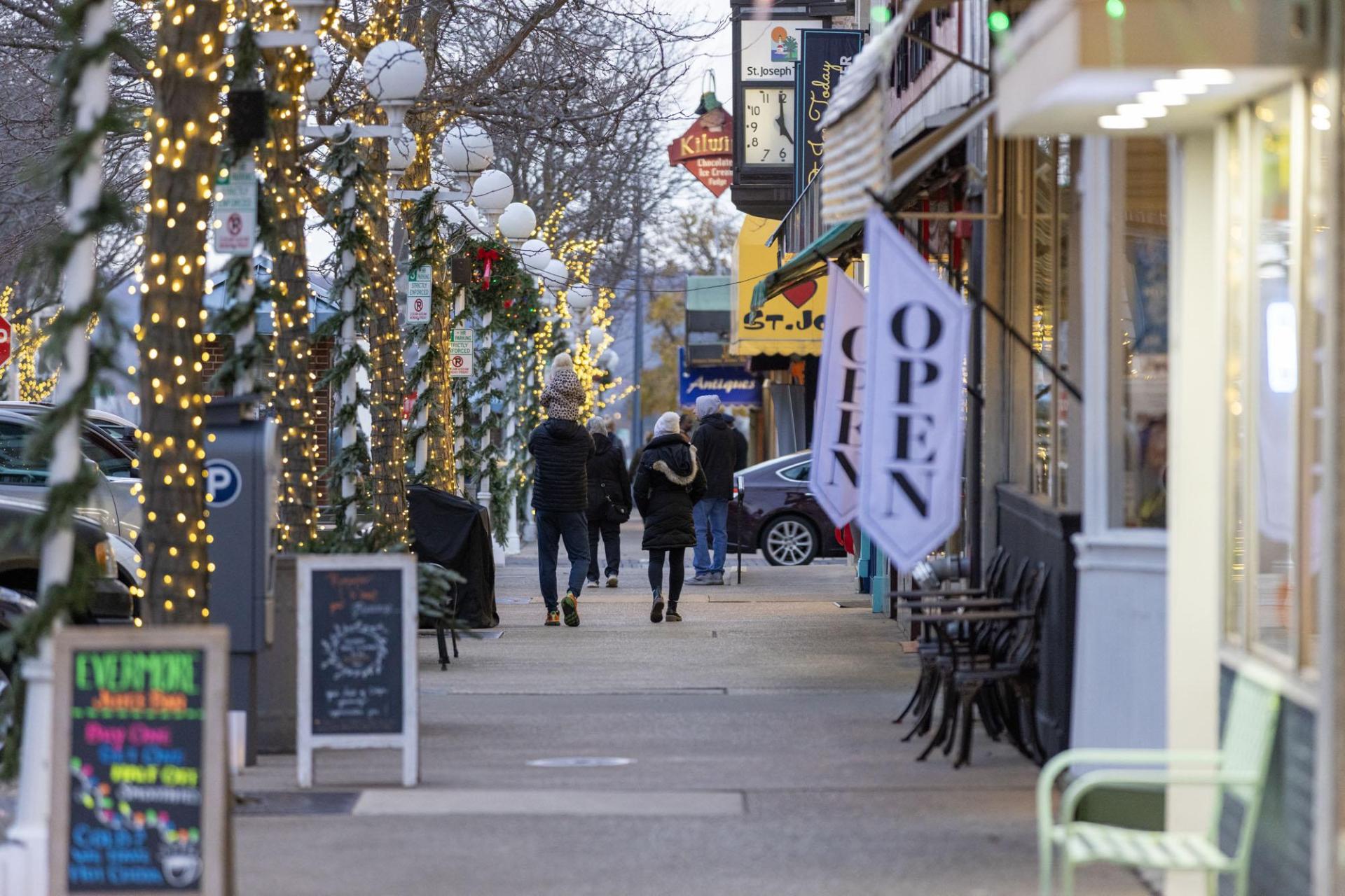 People walking in downtown St. Joseph.