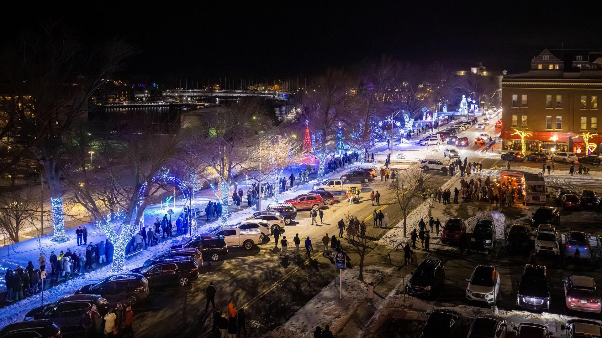 A nighttime aerial view of Light Up the Bluff in St. Joseph, MI.