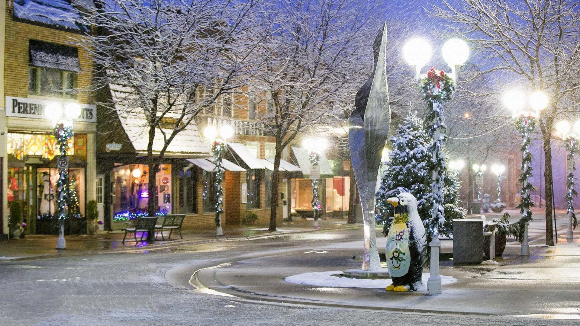 Snow falling in downtown Saint Joseph.